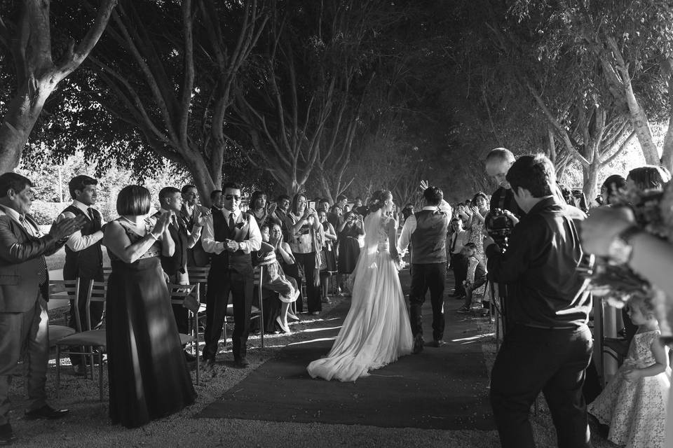 Newly weds walk the aisle in black and white