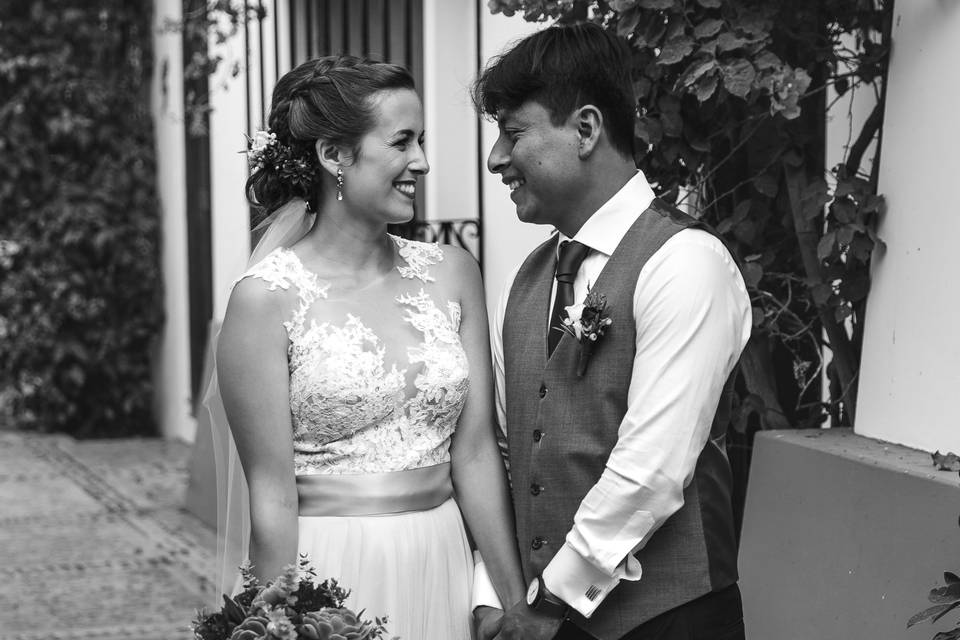 The bride and groom in black and white