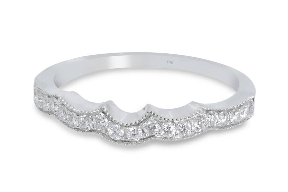 Ocean WavesWaves of sparkling pave diamonds make up this glistening band. Diamond : 0.24 Carats ApproxCut: Round Brilliants Color: E-F Clarity: VS Gold Karat: 14kt.Gold Color: White GoldGold Weight : 2.0gSize: 7 (54.4 MM)