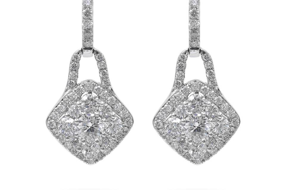 Royalis Pave diamond drops split into a diamond shaped center set of radiant diamonds surrounded by accent diamonds. Diamond : 1.74 Carats approx.CUT:Round BrilliantsCOLOR:E-FCLARITY:VS - SIGold karat: 14kt.Gold Color: White GoldGold Weight : 5.3g