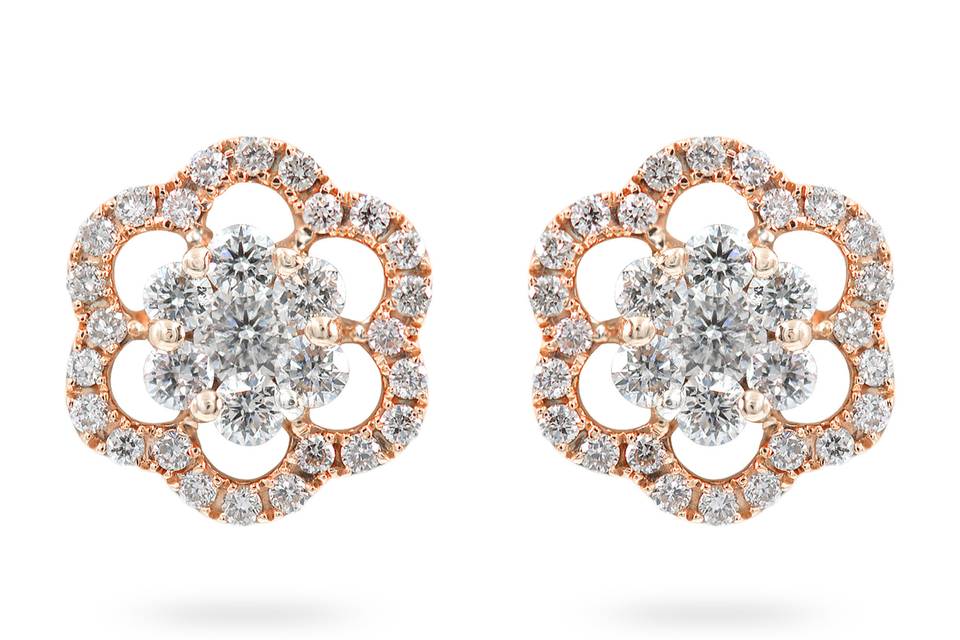 SnowdropsSeven round diamonds arranged in a floral pattern with a halo of smaller accent diamonds beautify this set of stud earrings. Diamond : 0.43 Carats Approx.Cut: Round BrilliantsColor: F-GClarity: VS - SIGold Karat: 14kt.Gold Color: Rose GoldGold Weight : 2.1g