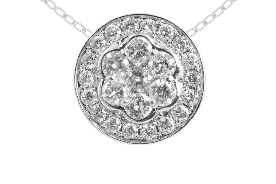 AmoreinaMatching 14K Gold Chain FreeA sparkling round center diamond surrounded by prong-set accent diamonds in a floral appearance graces this radiant pendant. Diamond : 0.40 Carats aprrox.Cut: Round BrilliantsColor: E - FClarity: VS Gold karat: 14kt.Gold Color: White GoldGold weight : 3.7g