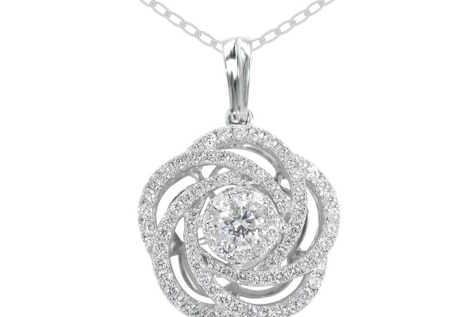 PeonyMatching 14K Gold Chain FreeBrilliant round center circle diamond surrounded by curved bars of pave diamonds, creating the look of rose petals. Diamond : 1.07 Carats approx.Cut: Round BrilliantsColor: E - FClarity: VS Gold Karat: 14kt.Gold Color: White GoldGold weight : 3.5g