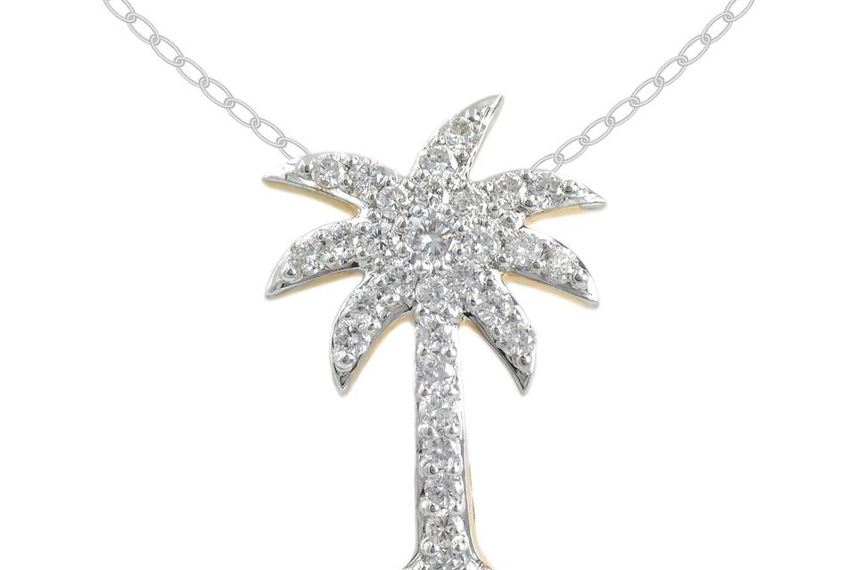 Fun on The BeachMatching 14K Gold Chain FreePalm tree pendant sparkles with closely-set round diamonds throughout. Diamond : 0.47 Carats Approx.Cut: Round BrilliantsColor: E - FClarity: VSGold Karat: 14kt.Gold Color: Yellow GoldGold weight : 2.53g