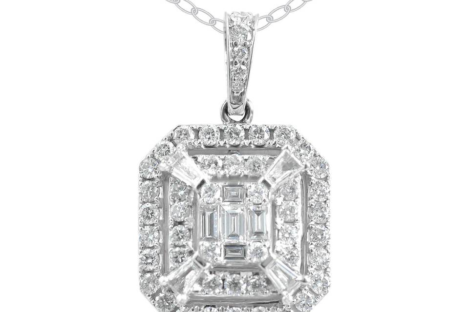 Quadra CrystellaMatching 14K Gold Chain FreeDrop pendant lined with diamonds from rectangular center baguettes to two additional halos of round diamonds. Baguettes reach out from the center to the first halo for added luminescence. Diamond : 1.21 Carats Approx.Cut: Round BrilliantsColor: E - FClarity: VSGold Karat: 14kt.Gold Color: White GoldGold Weight : 2.6g