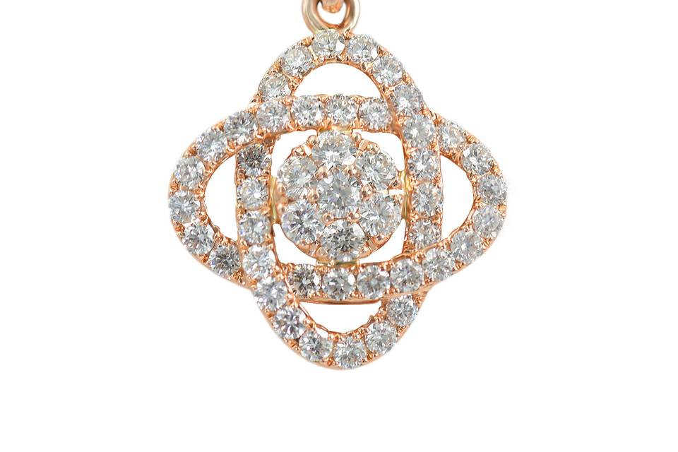 GaiaMatching 14K Gold Chain FreeTwo shimmering ovals intertwine and hold a brilliant round display of diamonds at the center. Diamond : 0.91 Carats Approx.Cut: Round BrilliantsColor: E - FClarity: VS - SIGold Karat: 14kt.Gold Color: Rose GoldGold weight : 2.3g