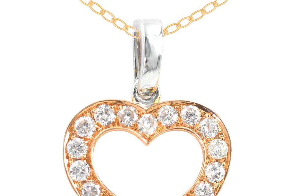 Loving HeartMatching 14K Gold Chain FreeWhite gold drop leads to a rose gold heart shape lined with channel-set round diamonds. Diamond : 0.29 Carats Approx.Cut: Round BrilliantsColor: F - GClarity: VSGold karat: 14kt.Gold Color: White and Rose GoldGold weight : 1.62g