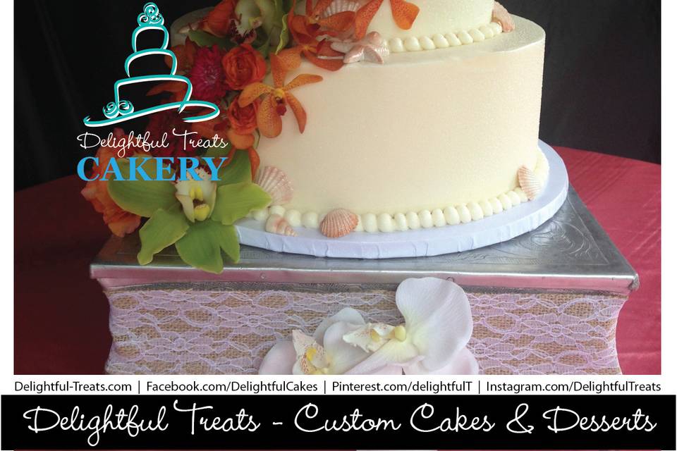 Congratulations Leslie and Joe, Venue: Paradise Cove Orlando -- 3 Tier Buttercream Wedding Cake with Cascading Orchids & Roses, Fondant Seashells by Delightful Treats Cakery Orlando