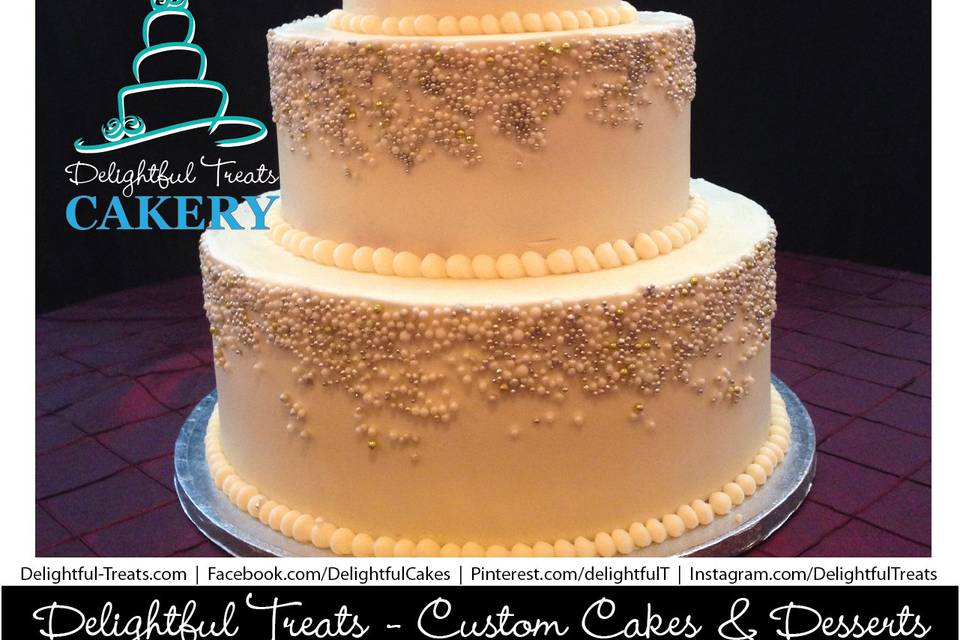 3 Tier Buttercream Wedding Cake with White, Silver and Gold Cascading Dragees by Delightful Treats Cakery Orlando