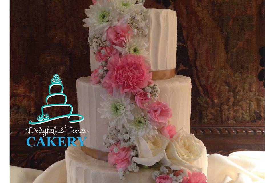 Cascading Pink and White Flowers Custom Rustic Buttercream Wedding Cake by Delightful Treats