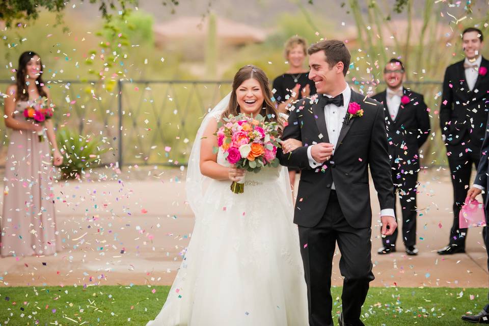 Jordan and Danee's confetti recessional (Ryan and Denise Photography)