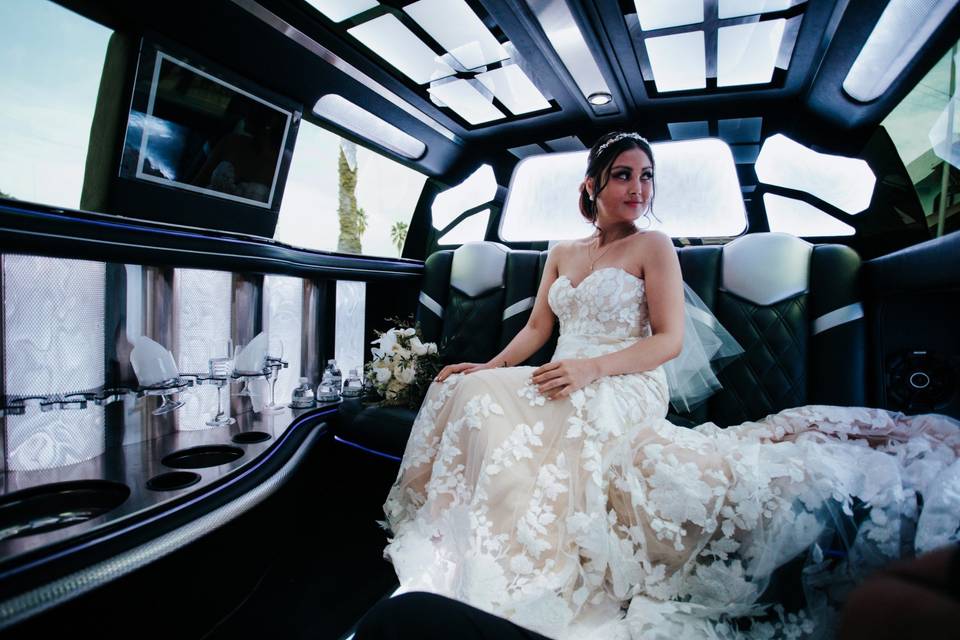 Bride in a limo