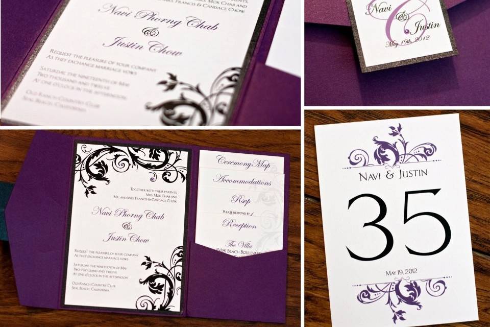 Navi & Justin's Wedding Invitation, monogram & table numbers