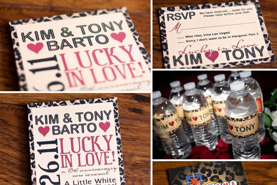 Kim & Tony's Las Vegas vow renewal invitation, Rsvp, water bottle labels, and favor tags.