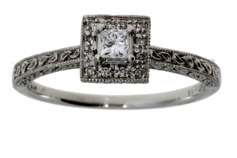Engraved Diamond Halo Ring