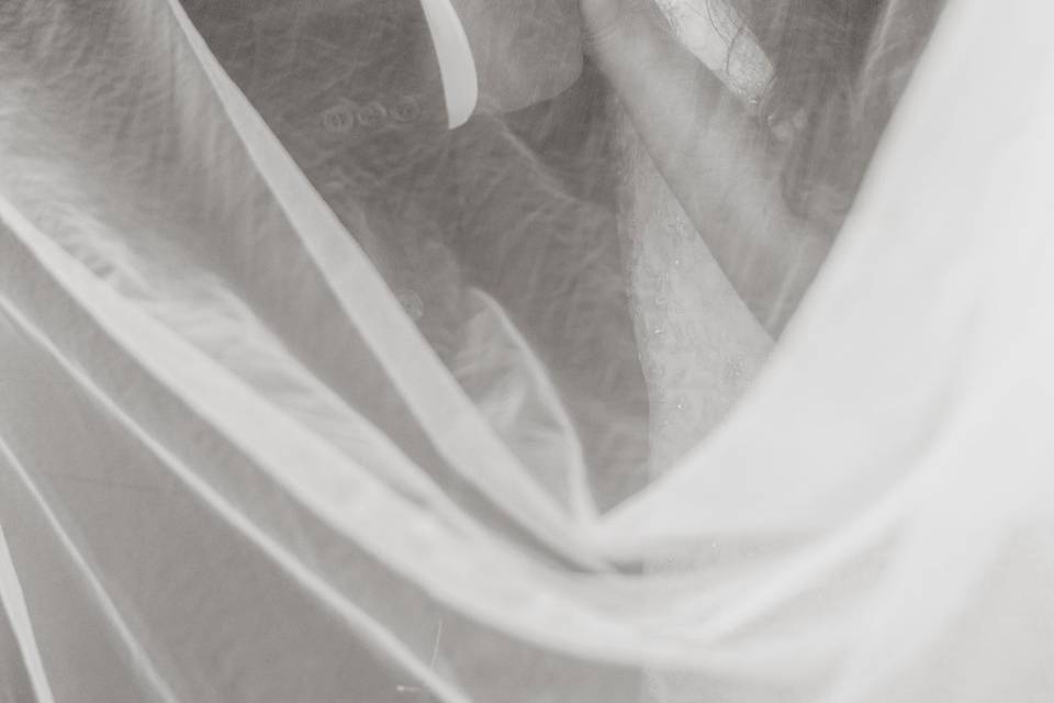 Samma & Joel kiss behind a veil