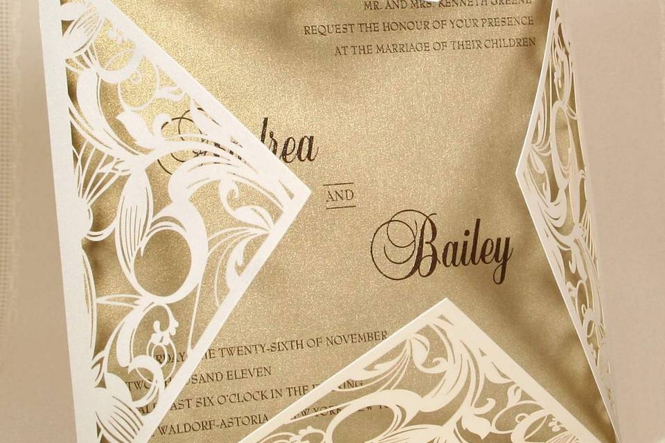 This classic, ecru-colored wedding invitation features etched multi-layered borders that completely frame the rectangular printable text area. The borders form an approximate 3/4