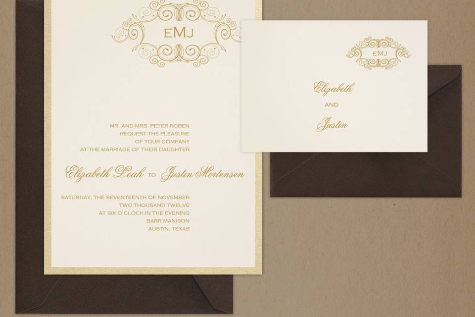 This stylish, square shaped contemporary design features two layers of luxurious card stock with metallic and shimmer paper options as well. Ornate swirls adorn the sides and two happy lovebirds are perched at the top. Your text and graphics are imprinted with foil. Card colors, paper types and envelopes are all changeable, so feel free to mix and match for your particular taste.Card Dimensions: 6.25