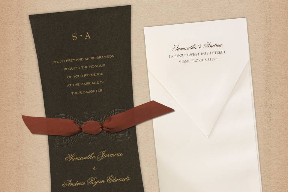 This stylish contemporary design features two layers of luxurious card stock with metallic and shimmer paper options as well. An intricate frame design element surrounds the bride and grooms' initials on the top right of the card. Your text and graphics are printed with raised ink. Card colors, paper types and envelopes are all changeable, so feel free to mix and match to coordinate with your wedding colors and style.Dimensions: 5.125