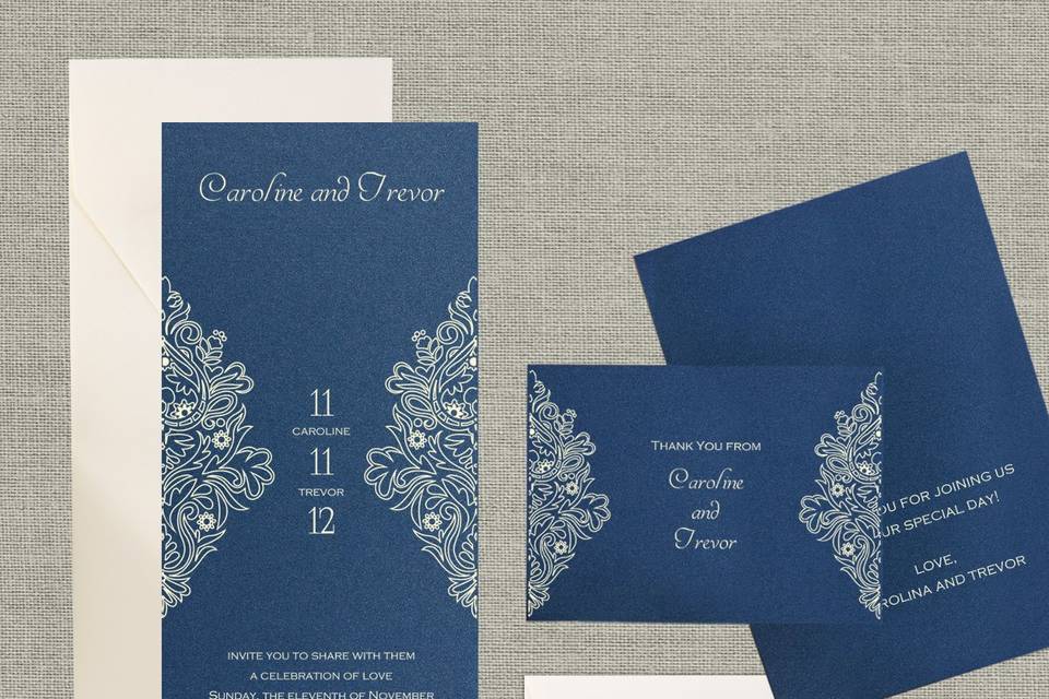 This stylish wedding invitation features several different card stock color options. The chic tapered design has an hour-glass style that first bends inwards and then outwards. The center of the design features an embossed swirl design that is accented by a colored satin ribbon. Your custom text is printed with foil lettering, allowing for dark color card stock. Card colors, paper types, ribbon colors and envelopes are all changeable, so you can create truly unique wedding stationery.Dimensions: 4