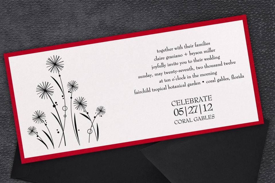 This stylish wedding invitation features bold, modern blossoms nestled around your event date and the bride and groom's names. Your custom text and graphics are foil stamped on your choice of color card. Many different card stock options, from matte to gorgeous metallic and shimmer, are available. Card colors, paper types and envelopes are all changeable, so you can mix and match to create the perfect wedding stationery for your special day. Dimensions: 4