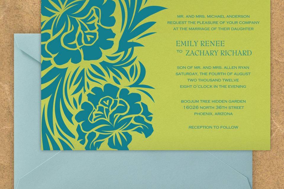 This stylish wedding invitation features bold, modern blossoms nestled around your event date and the bride and groom's names. Your custom text and graphics are foil stamped on your choice of color card. Many different card stock options, from matte to gorgeous metallic and shimmer, are available. Card colors, paper types and envelopes are all changeable, so you can mix and match to create the perfect wedding stationery for your special day. Dimensions: 4