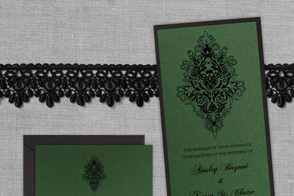 This contemporary wedding invitation features your choice of luxurious card stock, including metallic and shimmer options. A gorgeous flora pattern is featured on the left side of the card. Both your custom text and the design are foil stamped into the card. Card colors, paper types and envelopes are all changeable, so mix and match to your style.Dimensions: 7.25