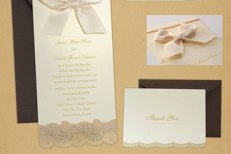Classic off-white rectangular card features a beautiful embossed shimmer border. A large white satin ribbon and bow wraps horizontally around the center of this card.The ribbon comes pre-tied in a bow, but placement of the Bow around the Card is required
