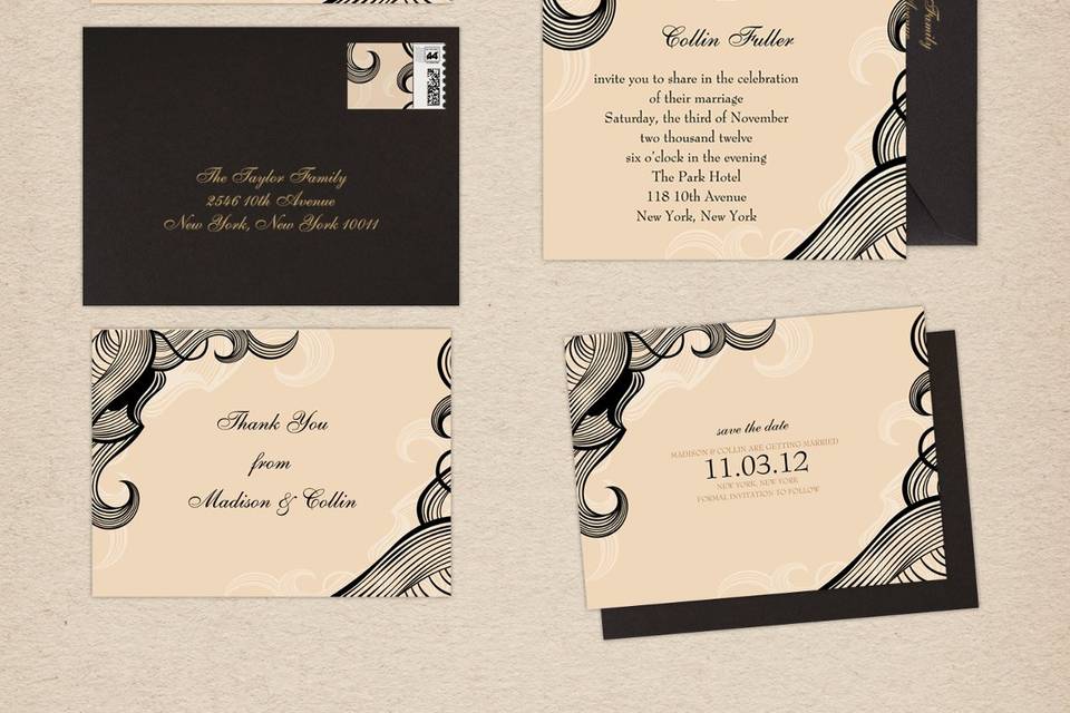 This gorgeous wedding invitation features a luminescent gold shimmer, gold satin bow and an intricately laser-cut bottom. A horizontal die-cut taupe dotted line and intricate taupe scalloped lace bottom complete this elegant card.Ribbons come pre-tied in a bow, but placement of the Bow on top of the Card (with included transparent Glue Dot) is required