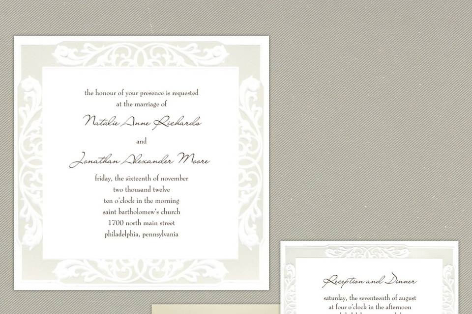 This elegant, white square wedding invitation features 4 embossed pearl borders of varying widths that frame your custom text. Between each pearl border is a pretty lined pattern.Dimensions: 7