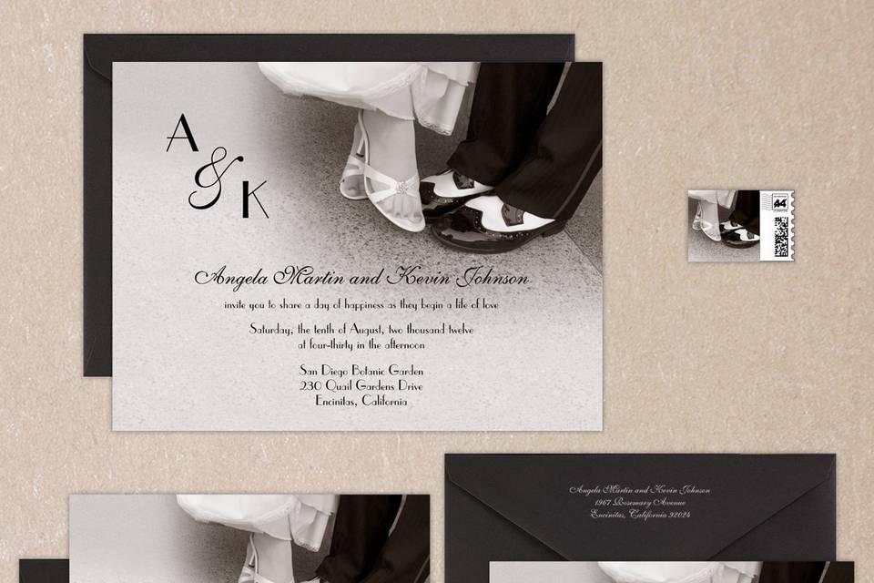 This stylish wedding invitation features 2 layers - a bottom colored card stock (available in matte, metallic and shimmer papers) and a top card stock layer which is printed with raised lettering. The top of the card features a contemporary sunburst encircling the couple's initials. Unique rays add depth and dimension to this design. Card colors, paper types and envelopes are all changeable, so mix and match with your wedding colors.Dimensions: 4