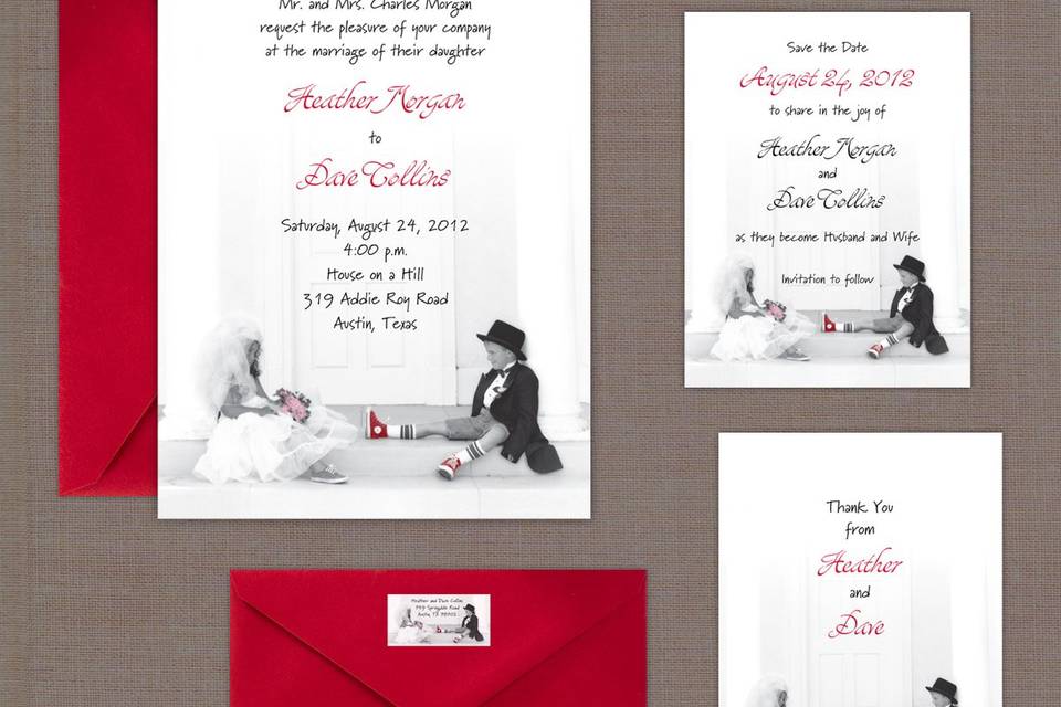This stylish wedding invitation features 2 layers - a bottom colored card stock (available in matte, metallic and shimmer papers) and a top card stock layer which is printed with raised lettering. The top of the card features a contemporary sunburst encircling the couple's initials. Unique rays add depth and dimension to this design. Card colors, paper types and envelopes are all changeable, so mix and match with your wedding colors.Dimensions: 4