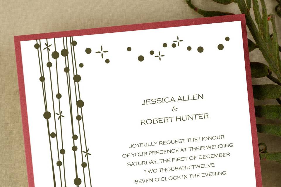 This stylish, square shaped contemporary wedding invitation is composed of branches with beautiful flowers in the top left portion of the invitation. Your custom text and graphics are foil stamped on your choice of color card. Many different card stock color options are available, including shimmer card stock.Dimensions: 6.25