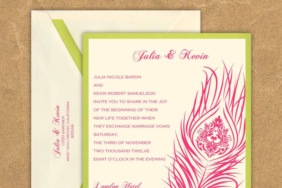 This stylish wedding invitation features two layers of luxurious card stock and a stylish peacock feather design.  The design has an intricate detailed inner pattern as well. Your text and graphics are imprinted with raised ink printing. Card colors, paper types and envelopes are all changeable, so mix and match for your wedding colors.Dimensions: 5.125