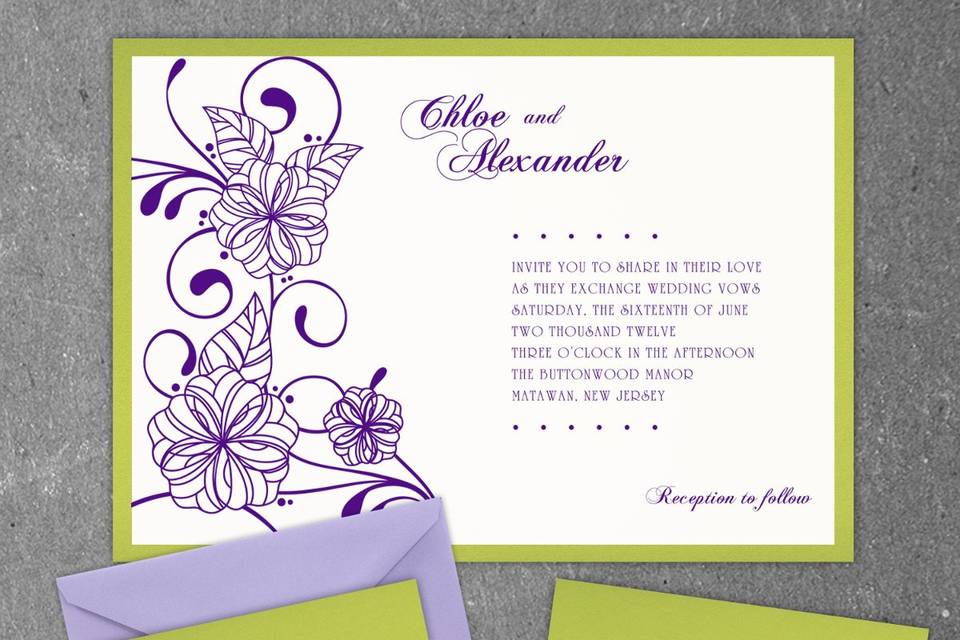 This stylish, square shaped contemporary wedding invitation is composed of branches with beautiful flowers in the top left portion of the invitation. Your custom text and graphics are foil stamped on your choice of color card. Many different card stock color options are available, including shimmer card stock.Dimensions: 6.25