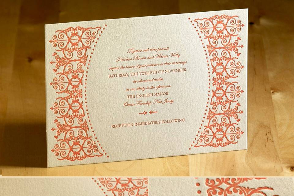 This stylish wedding invitation features two layers of luxurious card stock and a stylish peacock feather design.  The design has an intricate detailed inner pattern as well. Your text and graphics are imprinted with raised ink printing. Card colors, paper types and envelopes are all changeable, so mix and match for your wedding colors.Dimensions: 5.125