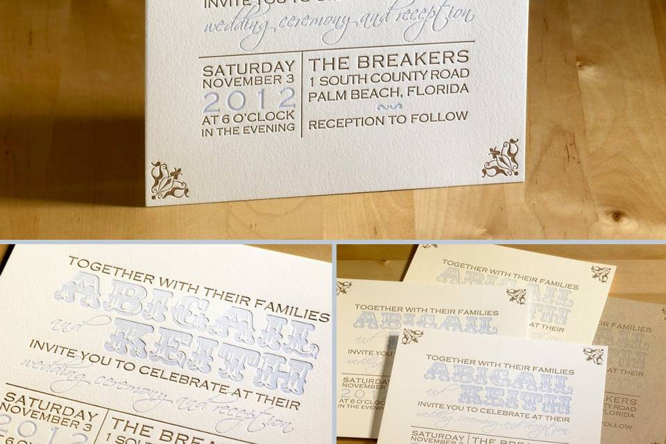 This stunning letterpress wedding invitation features bold, modern, blossom filled swirls nestled around your custom text. A singular floret dances around an ampersand which separates the bride and groom’s names.Your custom text and graphics are letterpress printed on your choice of luxury Crane Recycled Cotton stock. Ink colors are changeable once you enter iDesign – 30 amazing colors to choose from.Dimensions: 7