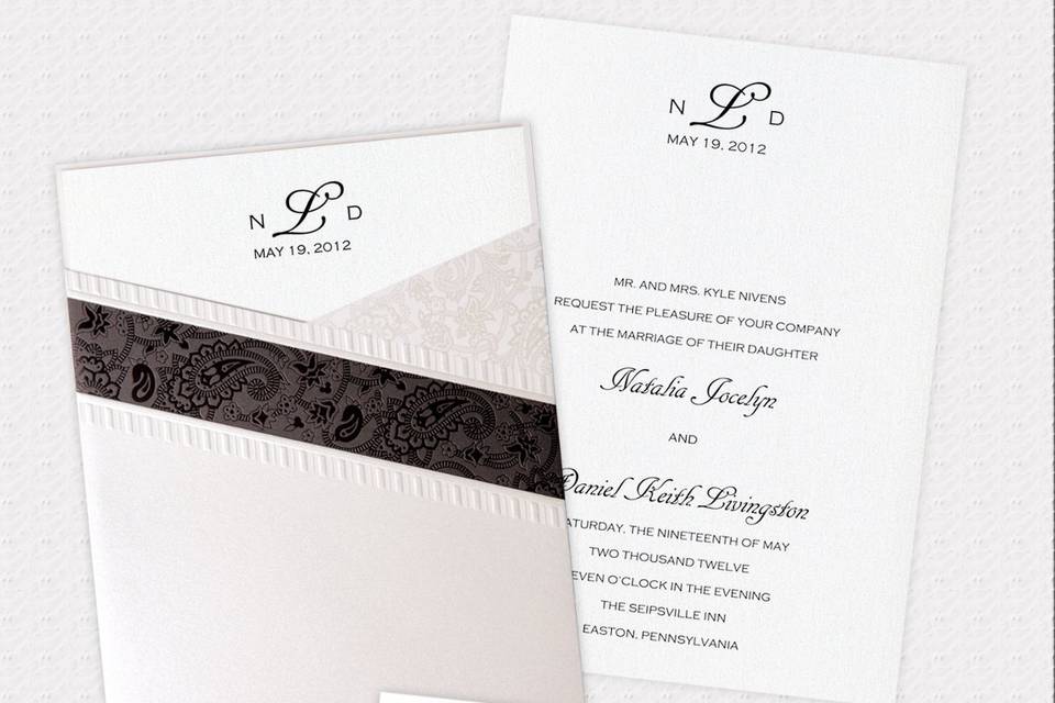 This gorgeous two-part invitation features an outer sleeve and an inner tri-fold insert. On the outer sleeve, beautiful red and white embossed hibiscus flowers lay over a shimmer patterned background. These same hibiscus flowers are flat-printed as part of the tri-fold custom printable insert. The outer sleeve is open at the top for the tri-fold insert, and is accented by a white ribbon and bow.Dimensions: Pocket - 4.5