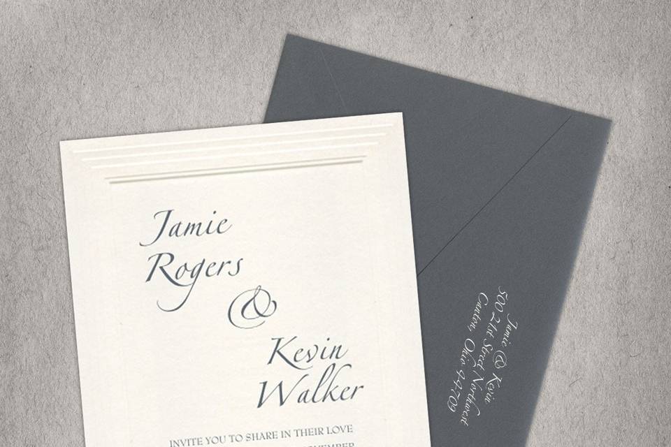 This striking letterpress wedding invitation features an ornate gate design and arches of classic dots framing your custom text. The double arrow within your text adds additional interest to this truly regal design.Your custom text and graphics are letterpress printed on your choice of luxury Crane Recycled Cotton stock. Ink colors are changeable once you enter iDesign – 30 amazing colors to choose from.Dimensions: 7