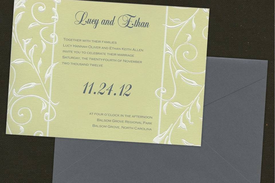 This floral wedding invitation features two layers of luxurious card stock. A single branch with bold flowers is highlighted at the top. Your custom text and graphics are foil stamped on your choice of color card. Many different card stock options are available, from matte to gorgeous metallic and shimmer. Card colors, paper types and envelopes are all changeable, so feel free to mix and match to create the perfect stationery for your special day.Dimensions: 5.125