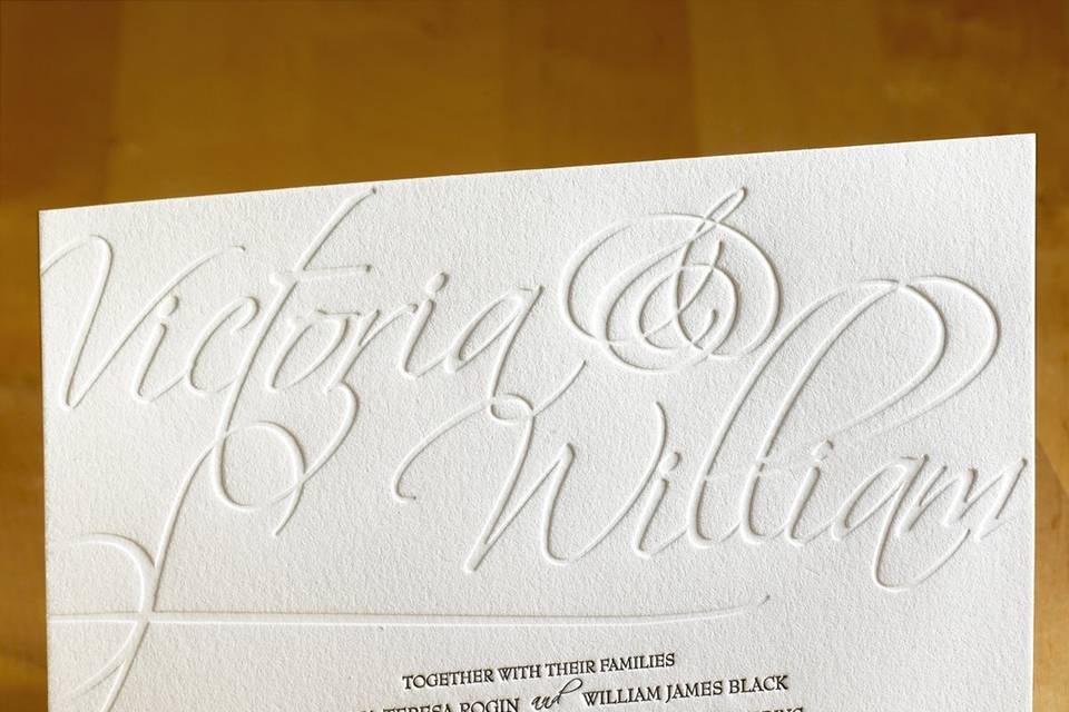 This stunning letterpress wedding invitation features your custom text as the main attraction. The bride and groom’s names take center stage in a beautiful script font. Truly a classic, elegant work of art.Your custom text and graphics are letterpress printed on your choice of luxury Crane Recycled Cotton stock. Ink colors are changeable once you enter iDesign – 30 amazing colors to choose from.Dimensions: 7