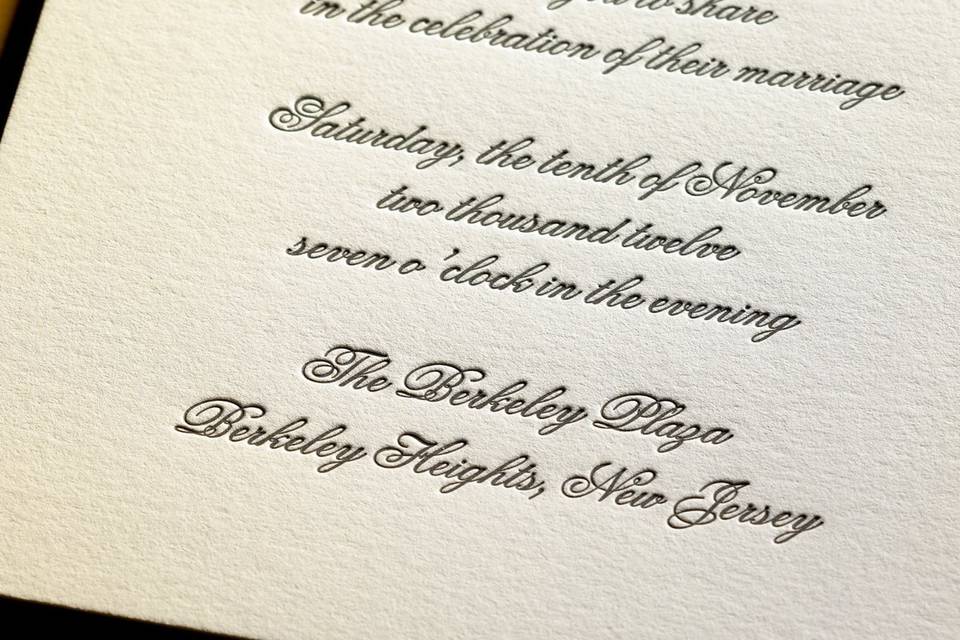 This amazing letterpress wedding invitation features a modern geometric design full of solid and dotted wavy lines. Bold rectangles add depth and dimension to this super contemporary beauty.Your custom text and graphics are letterpress printed on your choice of luxury Crane Recycled Cotton stock. Ink colors are changeable once you enter iDesign – 30 amazing colors to choose from.Dimensions: 7