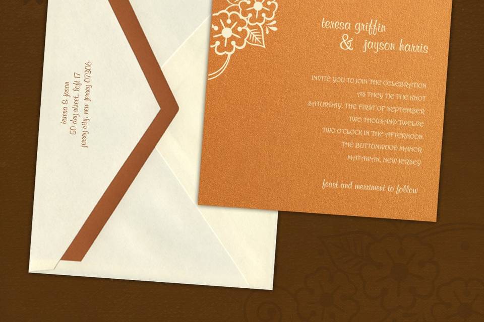 This remarkable letterpress wedding invitation features a mesmerizing diamond pattern trickling down the page. Your custom text is highlighted by a decorative rectangular frame.Your custom text and graphics are letterpress printed on your choice of luxury Crane Recycled Cotton stock. Ink colors are changeable once you enter iDesign – 30 amazing colors to choose from.Dimensions: 5