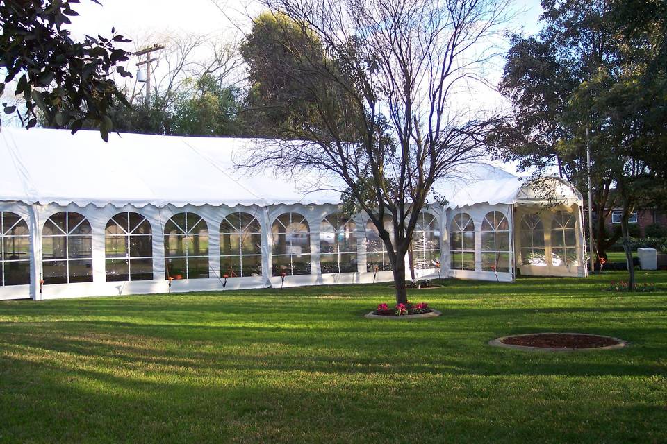 Our 50 x 100 Tent featuring Cathedral walls in each 5 foot section provides a beautiful and spacious area for a reception or dinner. Our Bride family utilized multiple tents to create a unique setting. An entrance tent welcomes the guest to the dinning area.