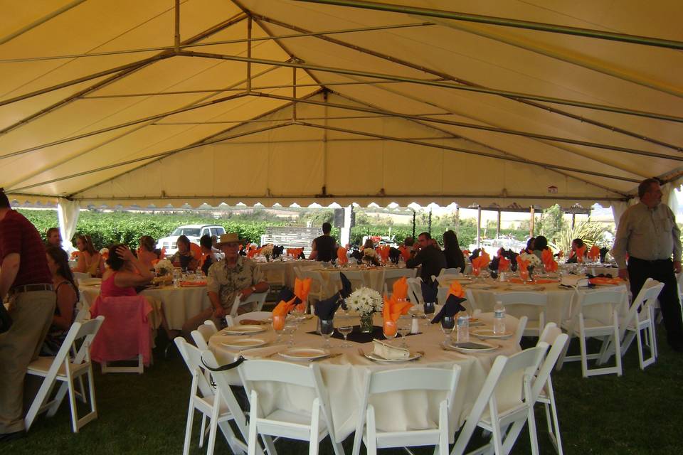Beautiful open space for a relaxed atmosphere for that special day. You utilize the surrounding beauty as the backdrop for your day. Photographers like the clean light under our translucent tent tops. It warms up the light for that natural look.
