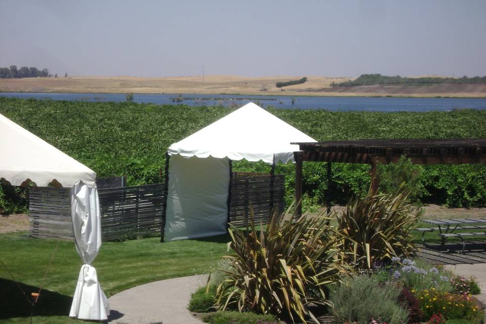 10 x 10 Tents can be used for many things at your wedding site. Sign in  area, Hors d'oeuvre and wine, bar area can all have their special location. Additional tents can be used for catering/outdoor kitchen areas/staging of food.