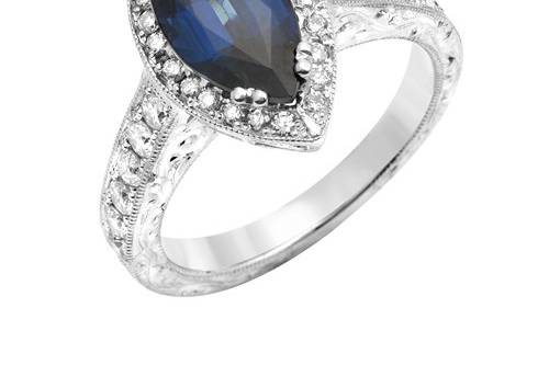 Blue Sapphire and Old European Cut Vintage Diamonds Custom Platinum Engagement Ring