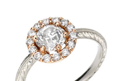 Rose Gold Halo White Gold Shank Hand Engraved Vintage Diamond Custom Engagement Ring