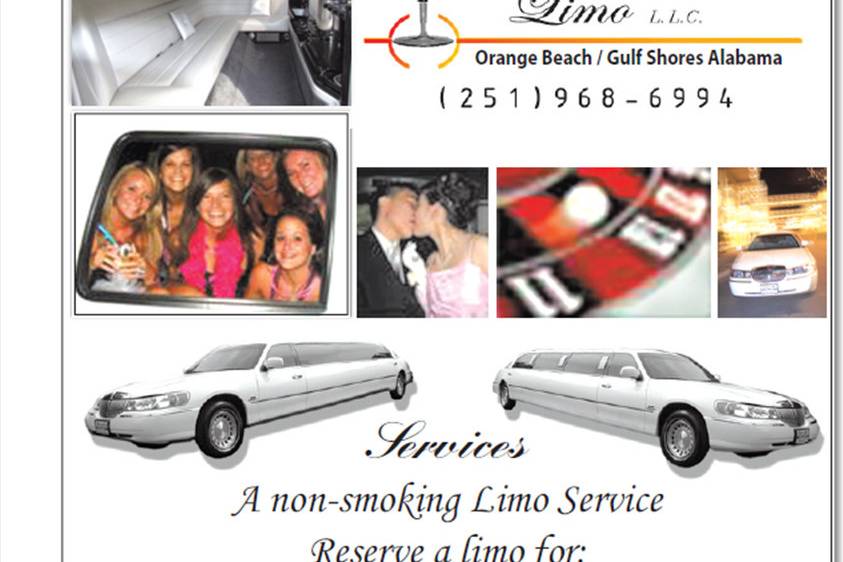 Luxury Limo LLC is Locally Owned & Operated on the beautiful shores of Gulf Shores and Orange Beach Alabama since 1996.  www.luxurylimollc.com   251-968-6994