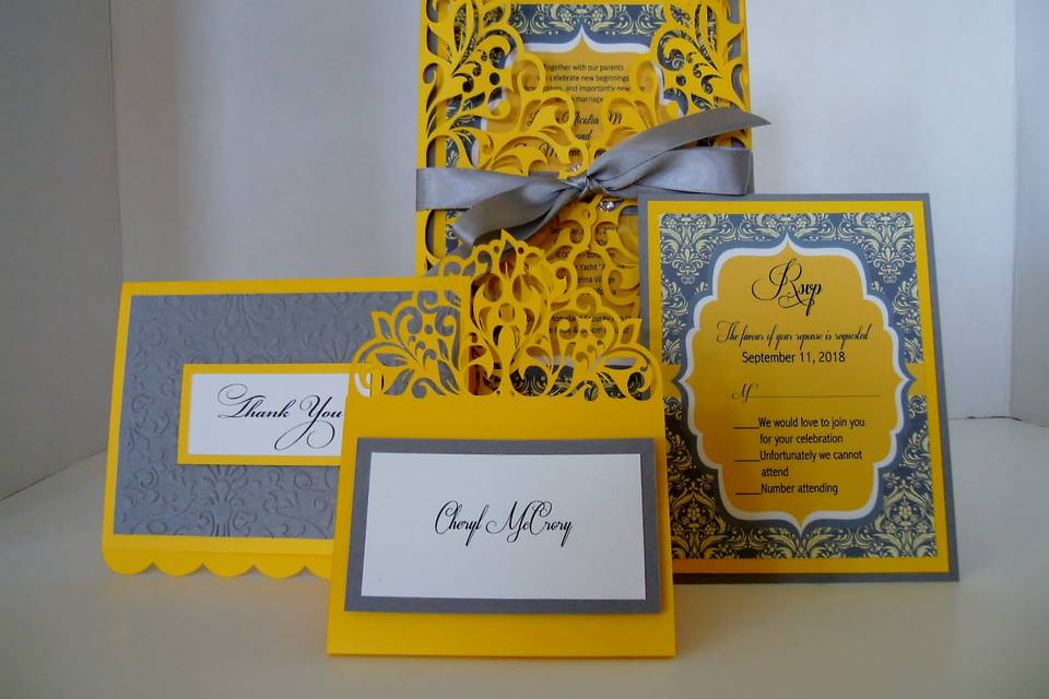 Yellow & Gray Damask Invite